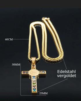 Preview: Benediktuskreuz mit Kette 3,5 x 2 cm, Edelstahl vergoldet