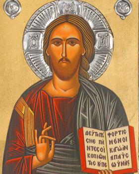 Preview: Ikone 19 x 26 cm Pantokrator m. Buch versilbert