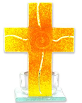 Preview: Glaskreuz Spirale 8 x 11 cm mit Teelichthalterung