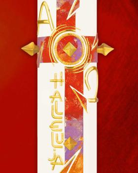 Osterkerze 800 x 80 mm Kreuz rot,orange,lila marmoriert