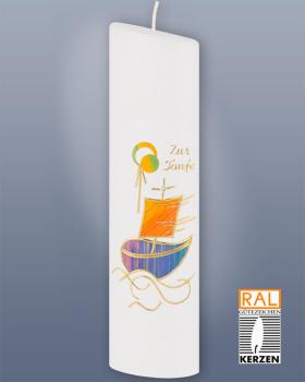 Taufkerze oval 240 mm Motiv Schiff und Sonne bunt
