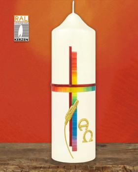 Osterkerze 165 x 50 mm, "Kreuz mit Ähren" A+O