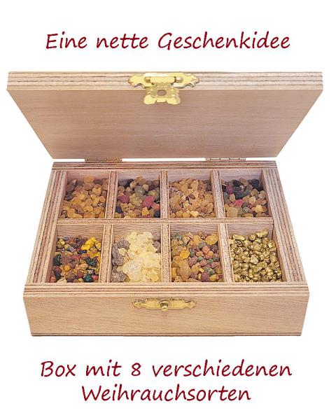 Weihrauch 8  Sorten im Holzkasten 11,5 x 9,5 cm