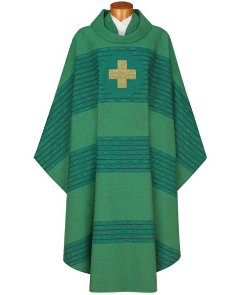 Kasel aus Handwebstoff grün mit Goldreuz, Innenstola