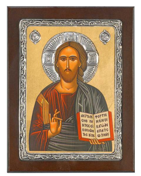 Ikone 19 x 26 cm Pantokrator m. Buch versilbert
