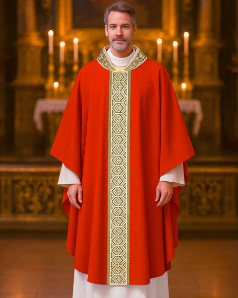 Kasel rot mit Kragen, 125 cm lang, 154 cm breit