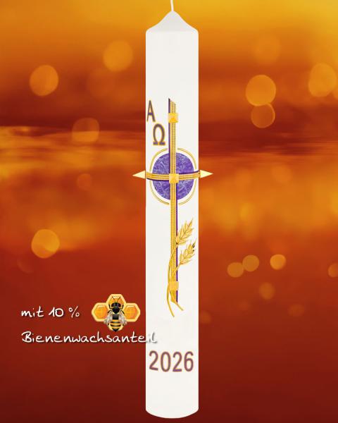 Osterkerze 600 x 80 mm RAL violett, Kreuz mit Ähren