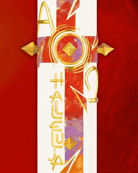 Osterkerze 800 x 80 mm Kreuz rot,orange,lila marmoriert