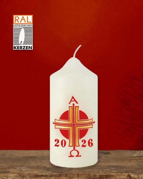 Osterkerze 120 x 50 mm A + O mit Jahreszahl, Kreuz