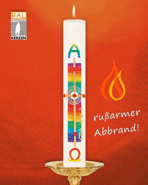 Osterkerze Regenbogen 600 x 70 mm A+O Jahreszahl