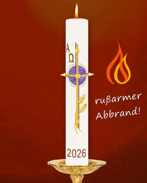 Osterkerze 600 x 80 mm RAL violett, Kreuz mit Ähren