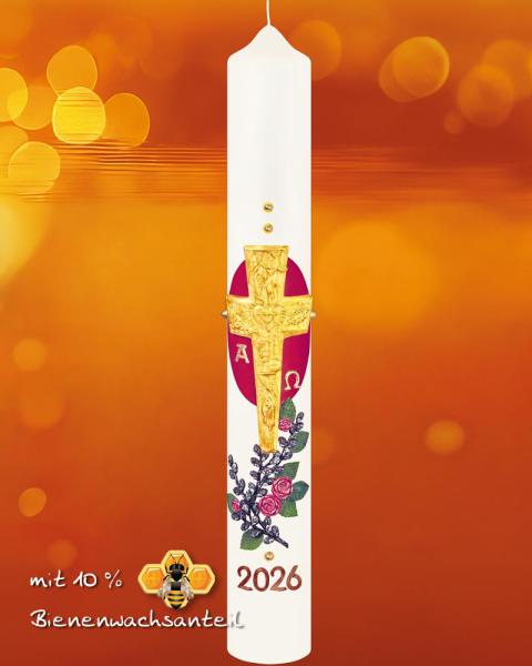 Osterkerze 600 x 80 mm Kreuz mit Rosen A + O