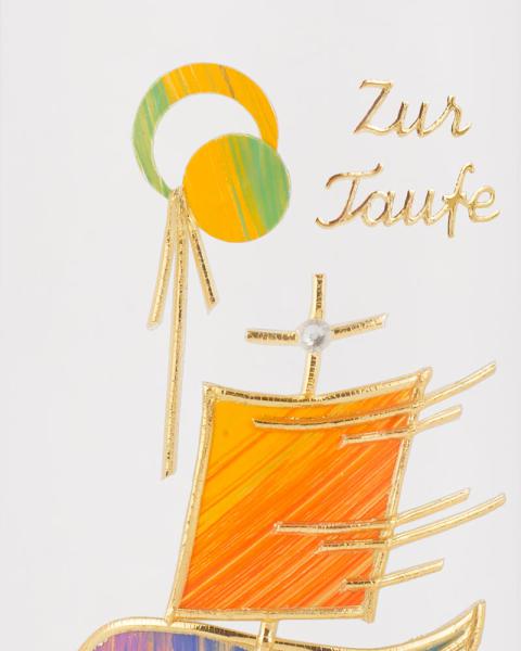 Taufkerze oval 240 mm Motiv Schiff und Sonne bunt