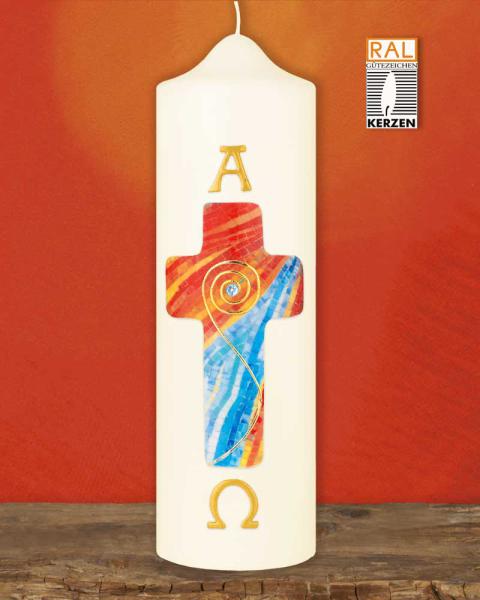 Osterkerze 225 x 70 mm A+O Tischkerze Mosaikkreuz
