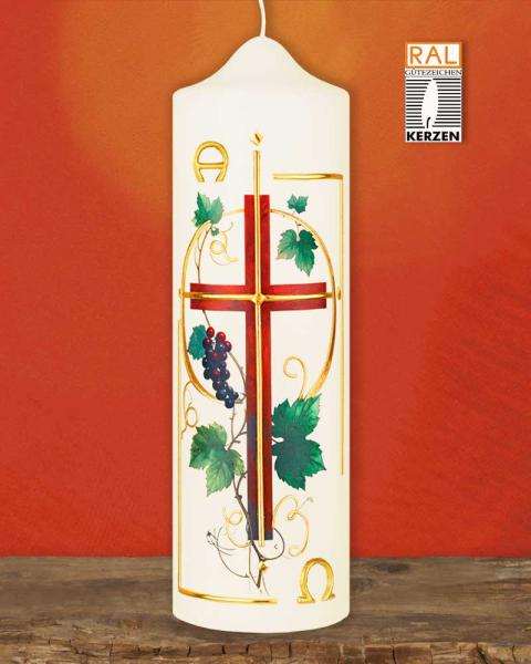Osterkerze 225 x 70 mm " Kreuz mit Weinrebe " A+O