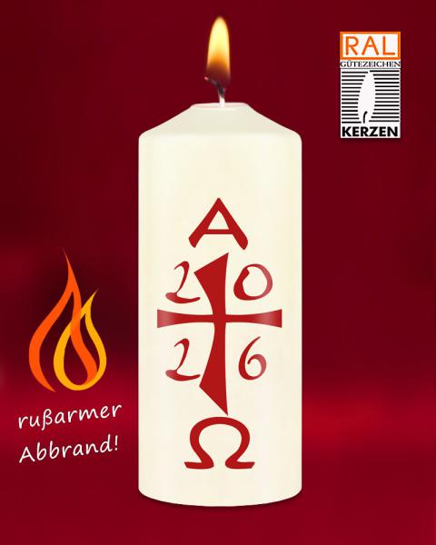 Osterkerze 120 x 60 mm A+O mit Jahreszahl 2026, rot