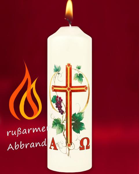 Osterkerze 165 x 50 mm " Kreuz mit Weinrebe " A+O