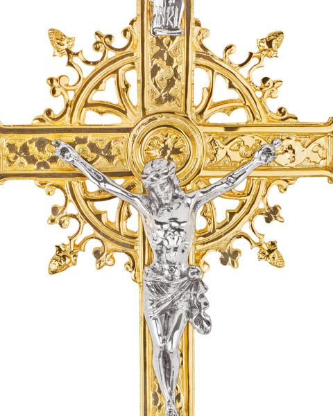 Vortragekreuz vergoldet 42 x 70 cm mit Stange 160 cm