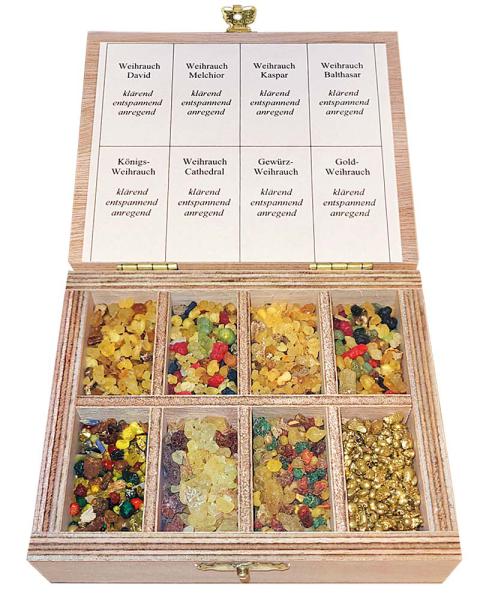 Weihrauch 8  Sorten im Holzkasten 11,5 x 9,5 cm