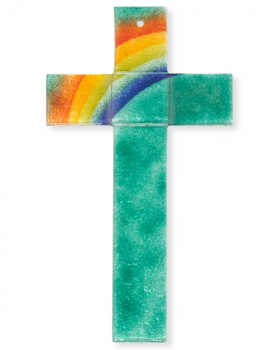 Glaskreuz GRÜN mit Regenbogen 25 x 14 cm x 4 cm