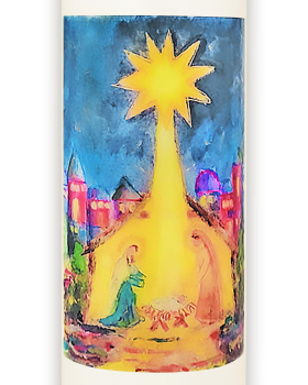 Kerze 165x60 mm  Krippe, Stadt & Stern v. Bethlehem