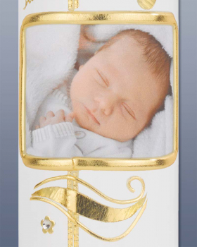 Taufkerze gold Kreuz mit Foto nach Wunsch 265 x 60 mm