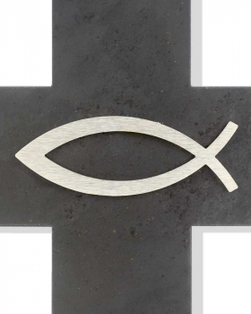 Wandkreuz, Schieferplatte, 15 x 23 cm mit Fischsymbol