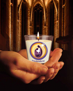 12 x Kerzenglas Friedenslicht 6,5 x 6,5 cm - Heilige Familie