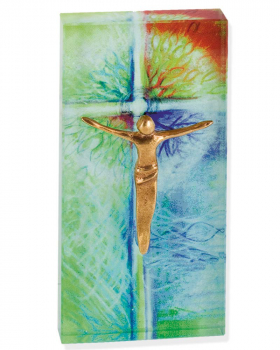 Glaskreuz bunt bedruckt 13 x 6 cm mit Bronzekorpus