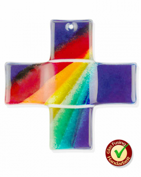 Glaskreuz BLAU mit Regenbogenmotiv 9 x 9 cm