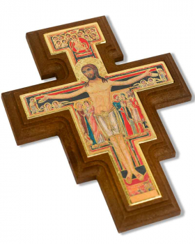 Franziskuskreuz 13 x 10 cm Holz, Colordruck mit gold