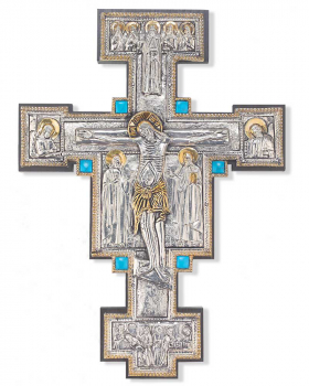 Franziskuskreuz mit 6 Türkis-Edelsteinen besetzt, 22 x 31 cm