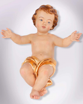 Jesukind 30 cm, geschnitzt koloriert mit goldenem Tuch
