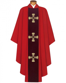 Kasel rot Mittelstab Samt mit drei gestickten Kreuzen