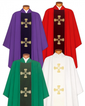 4 Kaseln mit Stola, Samtstab in 4 liturgischen Farben