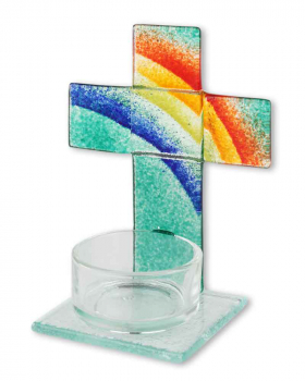 Glaskreuz Regenbogen mit Teelichthalterung 11x8 cm