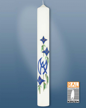 Marienkerze 600/70- mit blauem M und blauen Lilien