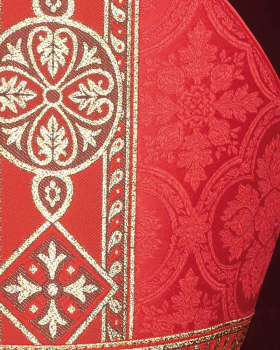 Nikolausmitra aus rotem Damast mit rot/goldener Barockbordüre