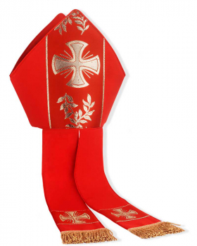 Nikolausmitra rot mit Bordüre Kreuz und Olivenzweig