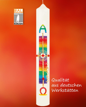 Osterkerze Regenbogen 600 x 70 mm A+O Jahreszahl