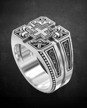 Ring, 4 Lilien und Kreuz, versilbert oxidiert