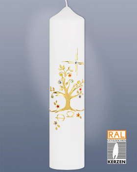 Taufkerze Lebensbaum mit Glassteinen 265x60 mm