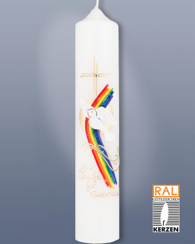 Taufkerze mit Kreuz und Regenbogen 265 x 50 mm