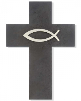 Wandkreuz, Schieferplatte, 15 x 23 cm mit Fischsymbol