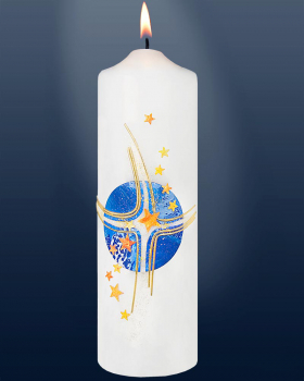 Kerze mit Kreuzdekor und blauem Sternenhimmel, 215/70 mm