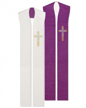 Doppelstola weiß/violett für Priester mit gesticktem Kreuz
