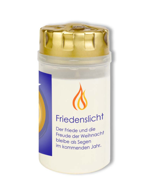 20 Friedenslichter mit goldenem Sturmdeckel 2,5 Tage