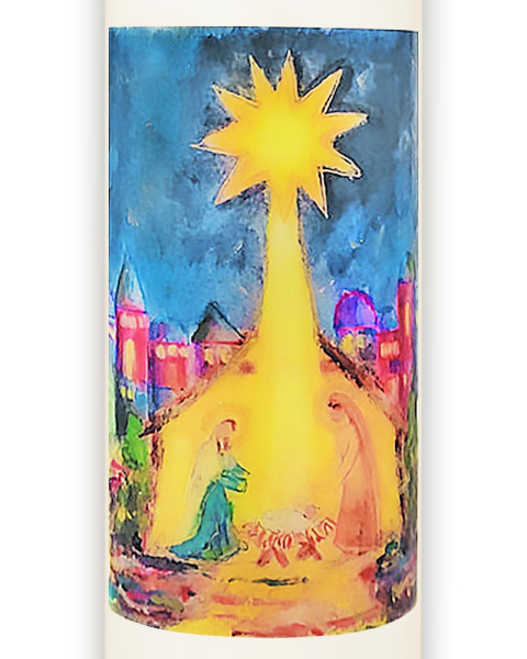Kerze 165x60 mm  Krippe, Stadt & Stern v. Bethlehem