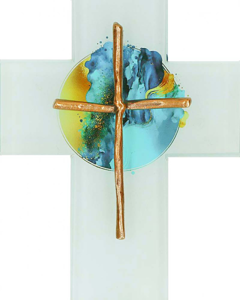 Glaskreuz farbig bedruckt mit Kreuz aus Bronze