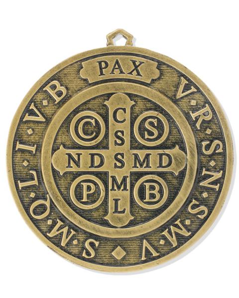 St. Benedikt Medaille 10 cm Ø Messing patiniert